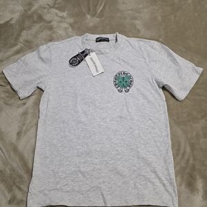 Chrome Hearts Light Heather Gray Tee with Green Chest Emblem